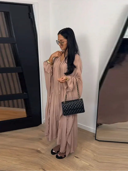 Vestido Maxi Vestidos de Mulher Manga Morcego Bege Folho Decote com Laço Plissado Oversized Roupa de Mulher Roupa Casual Roupa de Verão