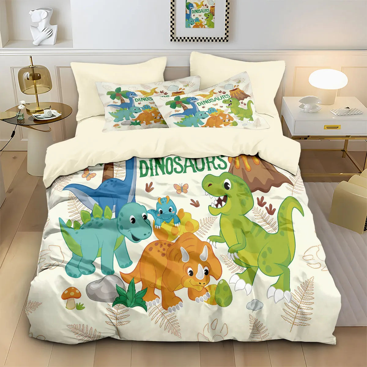 3pcs Cartoon Dinosaur Print Coreless Duvet Set, Multi Size Bedroom Bedding Decoration, Machine Washable