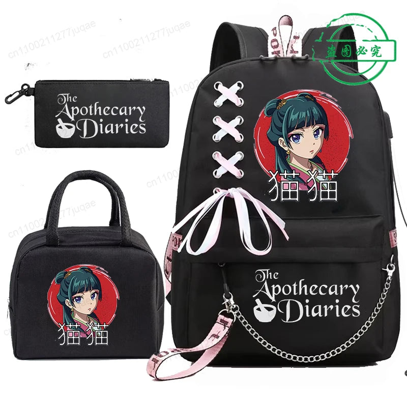 Mochila Escolar Mochila de Estudante Adolescente Bolsa Escolar Os Diários da Boticária Maomao Anime com Lancheiras Portáteis 3 Peças
