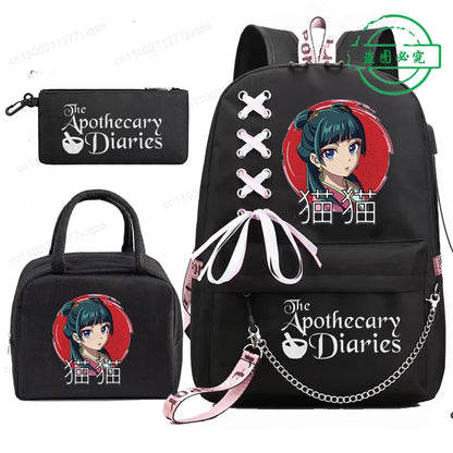 Mochila Escolar Mochila de Estudante Adolescente Bolsa Escolar Os Diários da Boticária Maomao Anime com Lancheiras Portáteis 3 Peças