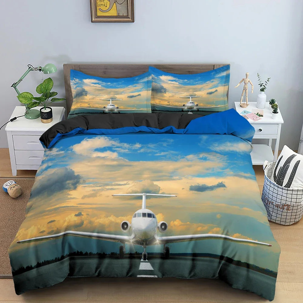 Boys Airplane Duvet Cover Set Children Teens Aviation Aircraft Runway Bedding Set 3D Airplane Cover Room Decortion for Adults
