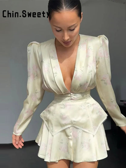 Vestido Elegante Estampado Feminino Decote em V Profundo Manga Comprida Cintura Marcada Vestidos Plissados 2026 Verão Senhora Férias Festa Vestidos