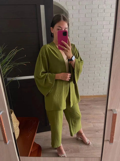 2023 New Womans Suit Autumn Cotton Sleepwear Two-piece Women's Spring Homewear Bat Sleeve Cardigan + Wide Leg Pants Suit Ladies