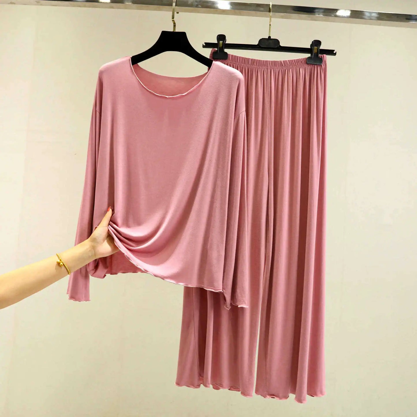Modal Thin Long Sleeved T-Shirt Set for Women in Spring and Autumn Pajamas Plus Loose Base Shirt Solid Color Sleepwear Homewear