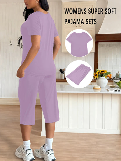 Womens Super Soft Pajama Sets Short Sleeve Top With Capri Pants Sleepwear 2 Piece Lounge Set
