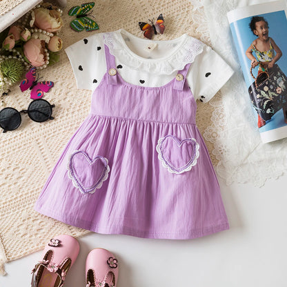Vestido de Bebé Menina de Verão Amor e Padrão de Bolinhas Gola de Boneca Vestidos de Bebé Fofos Casuais de Princesa para Menina