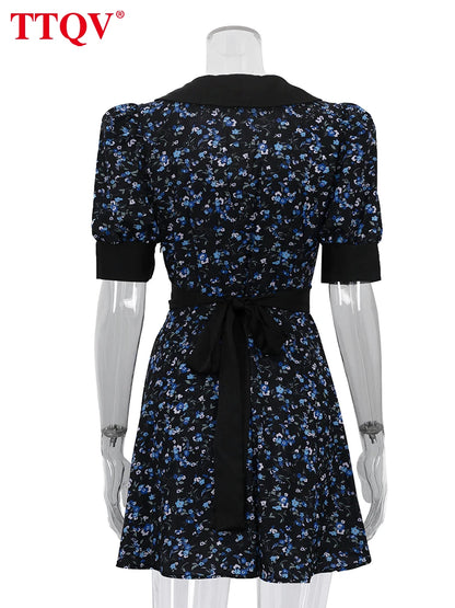 TTQV Moda Solta Impressão Vestido Feminino 2026 Verão Gola Curta Manga Mini Vestidos Senhora Elegante Clássico Cintura Alta Vestido Feminino