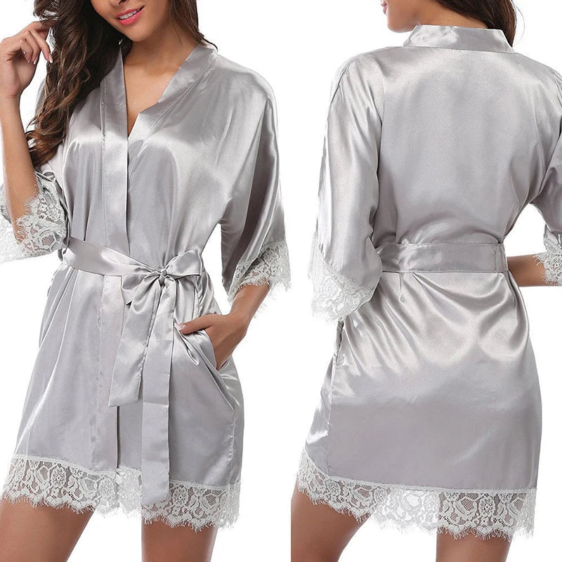 Women's Elegant Smooth Robe Short Dressingwith Lace Trim & Waist Belt Home Loungewear Sleepwear Nightwear Black Red.