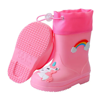 Botas de Chuva para Crianças Meninas Galochas Meninos PVC Quente Crianças Sapatos Impermeáveis Modis Desenho Animado Unicórnio Capa de algodão removível