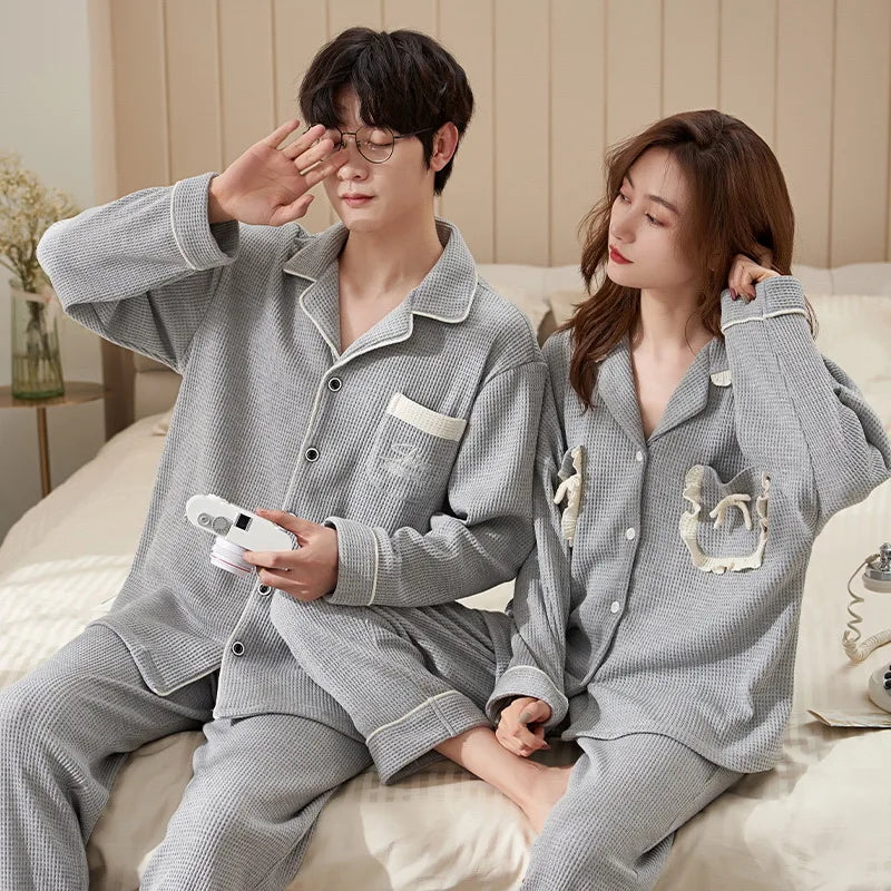 New Long Sleeve Sleepwear Couple Men Women Matching Home Clothes Cotton Cartoon Leisure Nightwear Pajamas Set Lover Loungewear