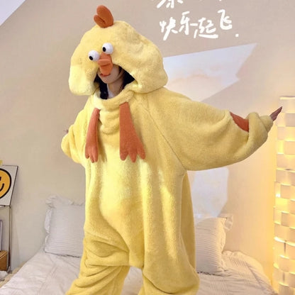 New Pajamas Cartoon Anime Sleepwear Little Yellow Chicken Bodysuit Coral Fleece Warm Comfortable Thicken Nightgown Homewear Robe