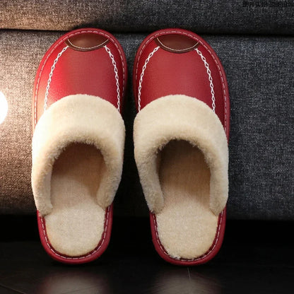 Men Slippers Black New Winter PU Leather Slippers Warm Indoor Slipper Waterproof Home House Shoes Men Warm Leather Slippers