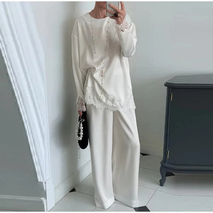 FL Novo Vestido de Cetim com Renda e Retalhos, Manga Comprida, Gola Redonda, Vestido Feminino Casual, Túnica de Praia Lisa Não contém pérolas