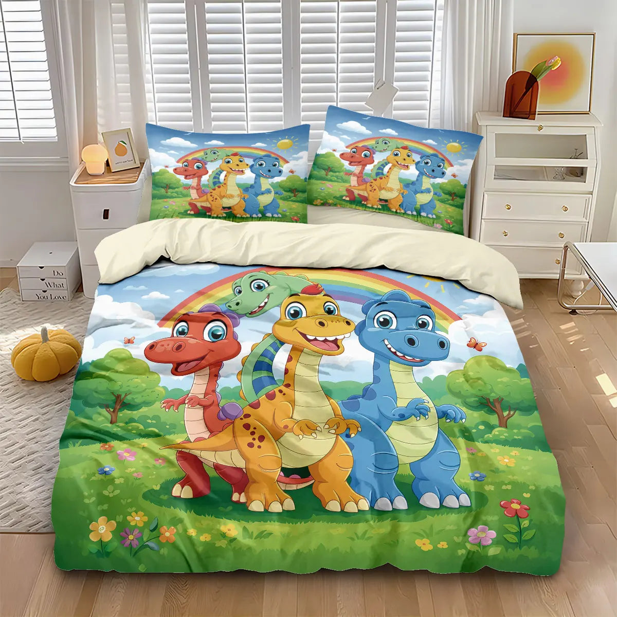 3pcs Cartoon Dinosaur Print Coreless Duvet Set, Multi Size Bedroom Bedding Decoration, Machine Washable