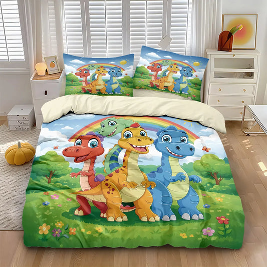 3pcs Cartoon Dinosaur Print Coreless Duvet Set, Multi Size Bedroom Bedding Decoration, Machine Washable