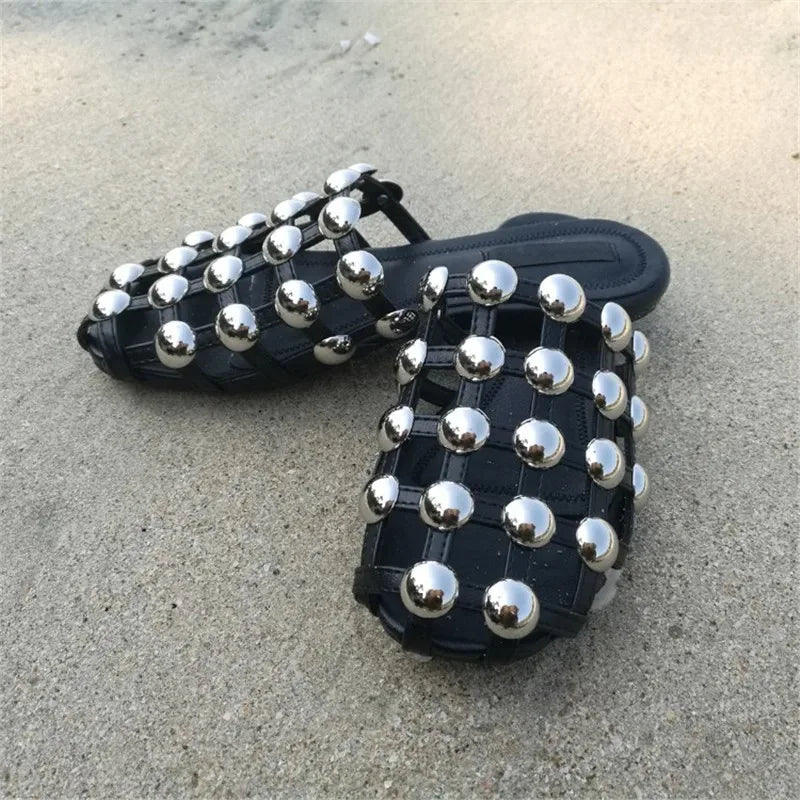 Amelia Caged Sandals Studd Slipper Runway Leather Sandalias Mujer Zapatos Mules Cut Outs Beading Crystal Flat Slide Shoes Women