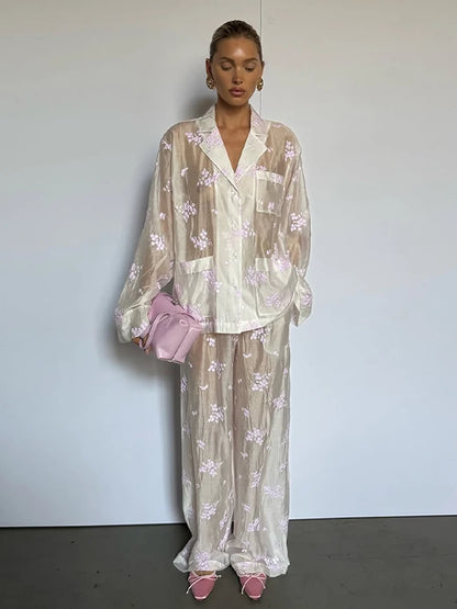 Conjunto de Calças e Top Estampado Sensual Mulheres Manga Comprida Gola, Transparente, Casaco de Botões, Calças Largas, Conjuntos Femininos Verão 2026, Fatos de Senhora
