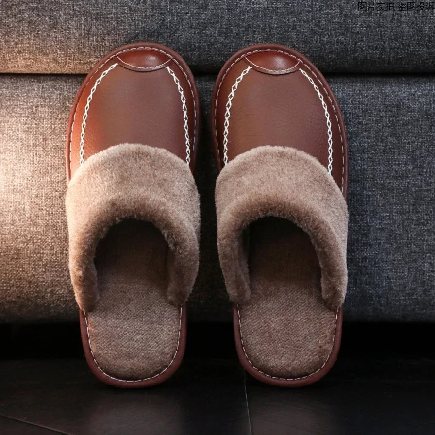 Men Slippers Black New Winter PU Leather Slippers Warm Indoor Slipper Waterproof Home House Shoes Men Warm Leather Slippers