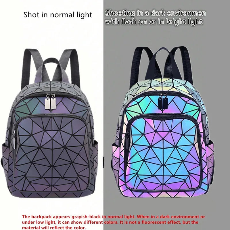 Mochila luminosa feminina em PVC holográfico, geométrica, para meninas adolescentes, mochila escolar, mochila feminina, para viagem, de ombro