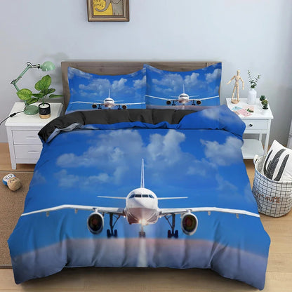 Boys Airplane Duvet Cover Set Children Teens Aviation Aircraft Runway Bedding Set 3D Airplane Cover Room Decortion for Adults