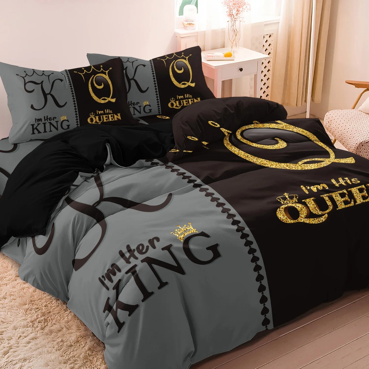 3pcs Duvet Cover Set Definition Printed Black And Gray  King Letters With A Crown Design, Suitable For Home Or Dorm Use