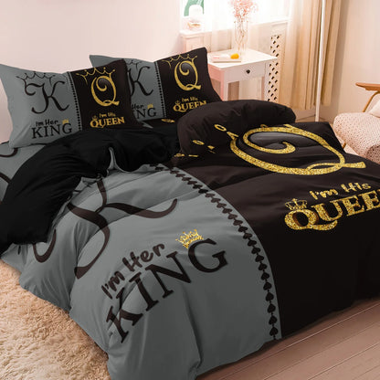 3pcs Duvet Cover Set Definition Printed Black And Gray  King Letters With A Crown Design, Suitable For Home Or Dorm Use