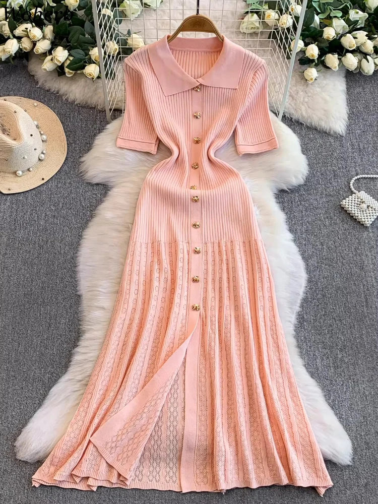 2025 Vestidos de Mulher Linha A Vazados Vestidos Femininos de Malha Vintage Robe Femme Cintura Alta Verão Coreano Vestido de Peitilho Único