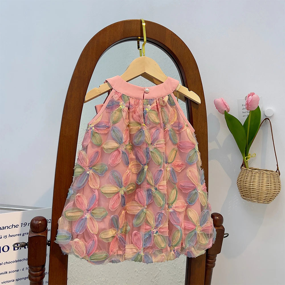 Vestido de Ursa Líder para Menina 2025 Verão Novo Vestido de Menina Vestido de Princesa Vestido de Fio com Flores Coloridas para Criança Roupa Infantil