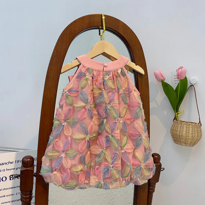 Vestido de Ursa Líder para Menina 2025 Verão Novo Vestido de Menina Vestido de Princesa Vestido de Fio com Flores Coloridas para Criança Roupa Infantil