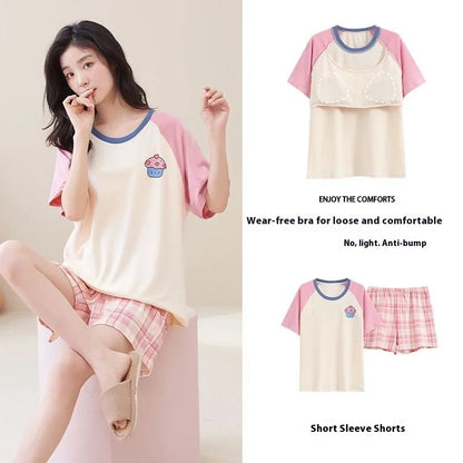 Pajamas Female Summer Short-Sleeved Set of Sweet with Chest Cushion Korean Version of the Cartoon Students Homewear Sleepwear