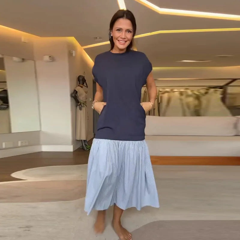 Women Dress Crew Neck Cap Sleeve Color Blocking Midi Dress Loose Fit Pleated Hem Casual Summer Streetwear Office Outfit Dresses