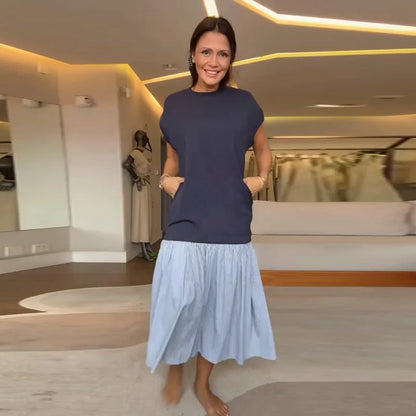 Women Dress Crew Neck Cap Sleeve Color Blocking Midi Dress Loose Fit Pleated Hem Casual Summer Streetwear Office Outfit Dresses