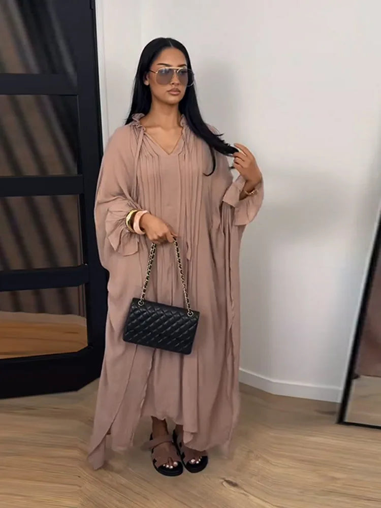 Vestido Maxi Vestidos de Mulher Manga Morcego Bege Folho Decote com Laço Plissado Oversized Roupa de Mulher Roupa Casual Roupa de Verão