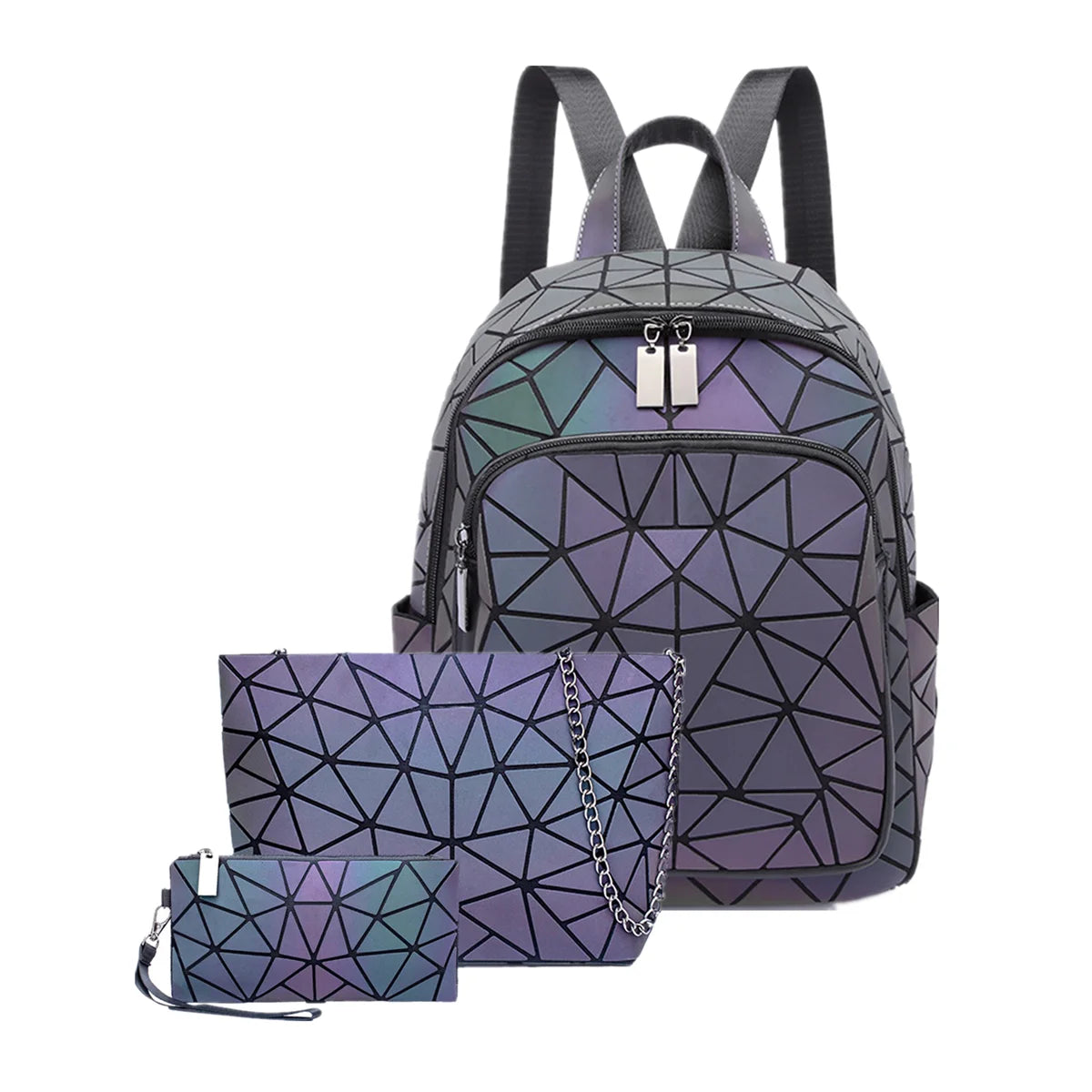 Mochila luminosa feminina em PVC holográfico, geométrica, para meninas adolescentes, mochila escolar, mochila feminina, para viagem, de ombro