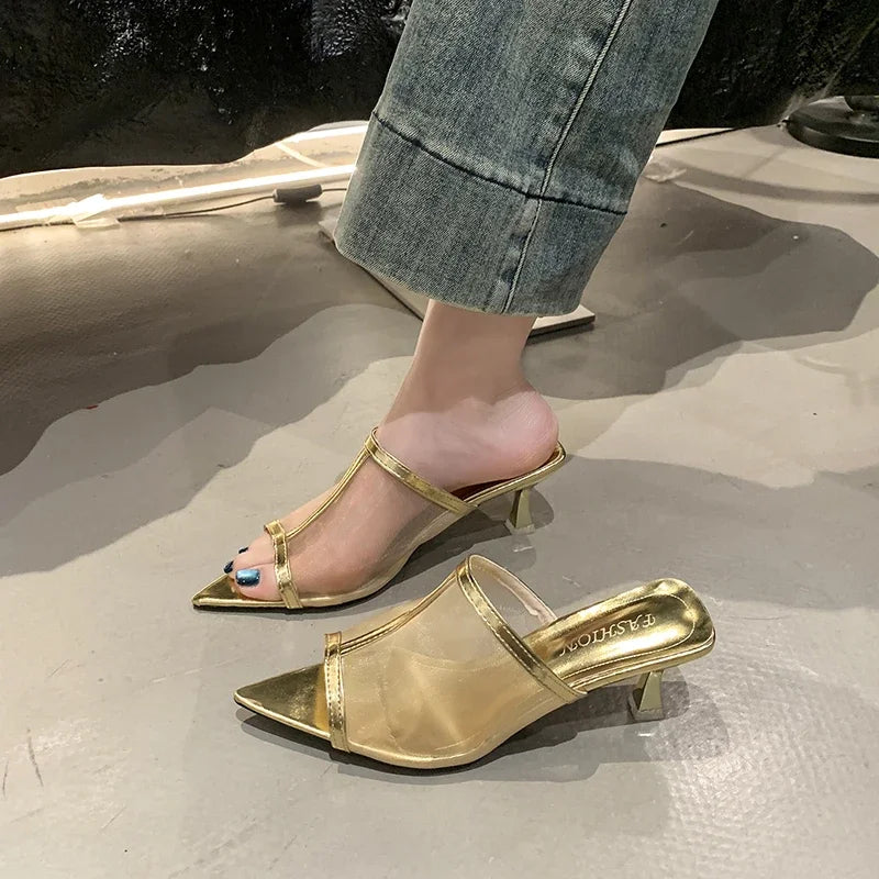 2025Transparent Silk Gauze Mule Slides Woman Bling Lace Mesh Pointed Toe High Heel Slipper   Evening Party Pump Shoes
