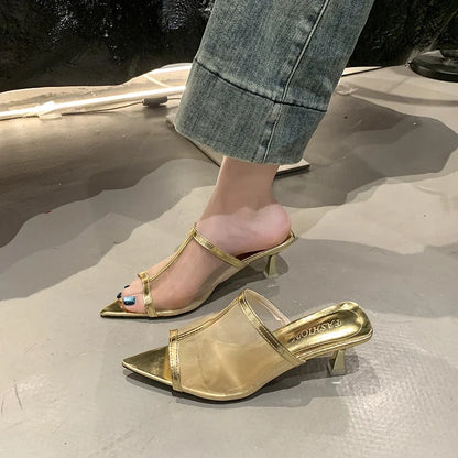 2025Transparent Silk Gauze Mule Slides Woman Bling Lace Mesh Pointed Toe High Heel Slipper   Evening Party Pump Shoes