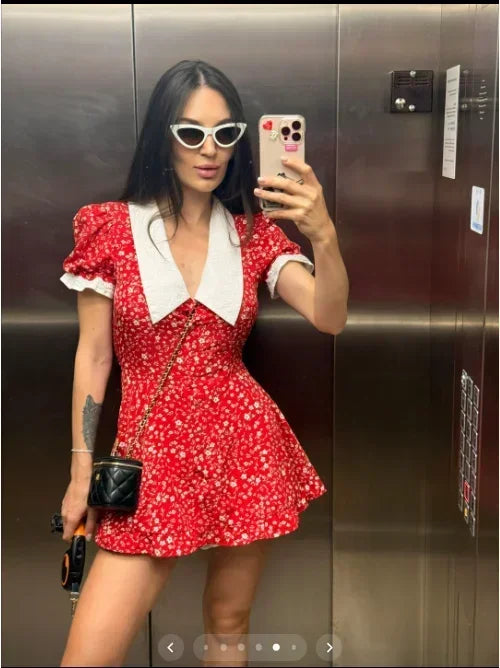 Vestido Mini Vermelho com Decote em V e Gola Peter Pan, Estampado Floral, Manga Bufante, Corte em A, Cintura Alta, Vestidos Casuais Femininos 2026 Vestidos de Senhora para Encontro