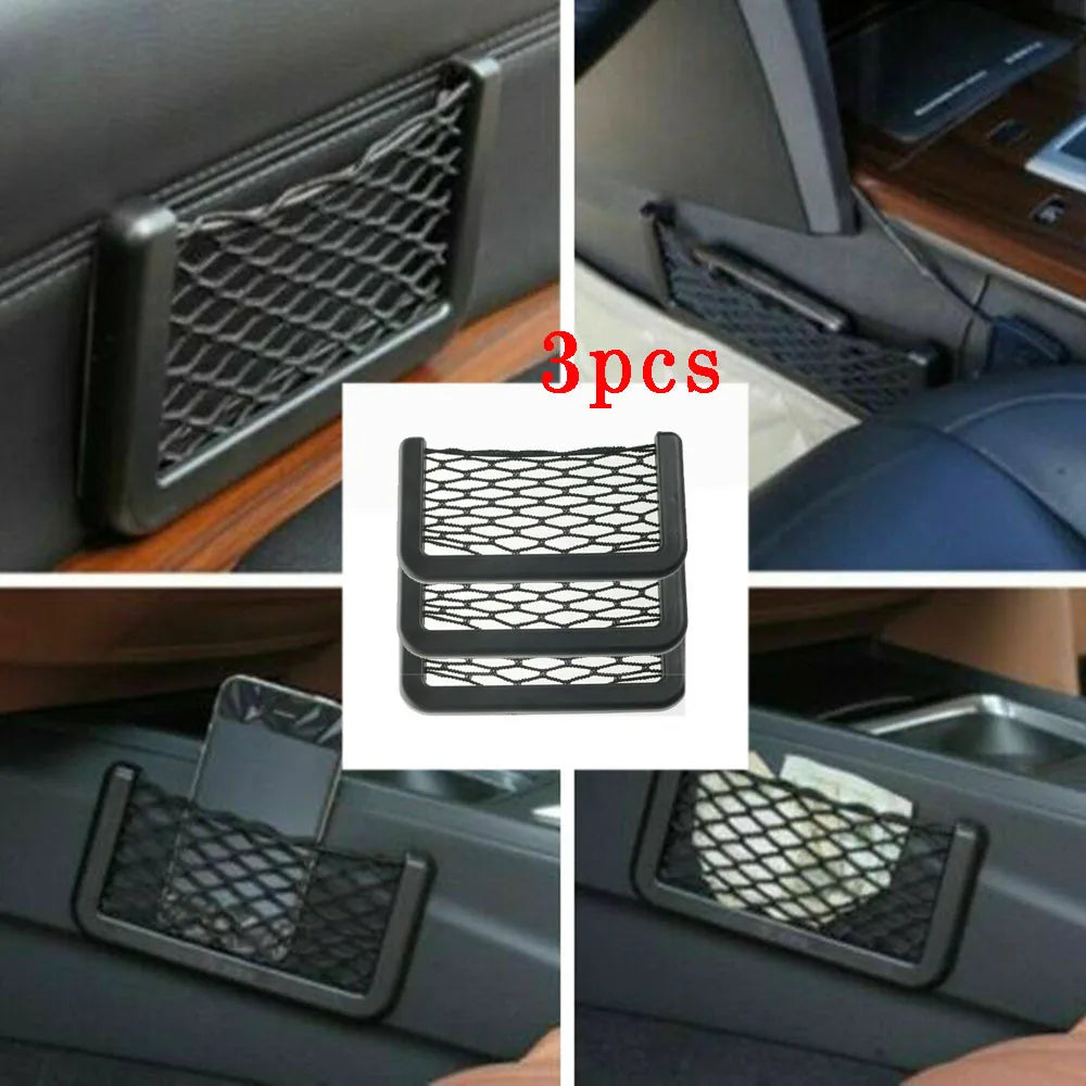 3PCS Car Storage Net Bags Mesh Pockets Universal Car Seat Side Back Storage Net Bag Phone Holder Pocket Organizer