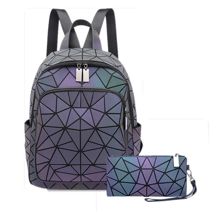 Mochila luminosa feminina em PVC holográfico, geométrica, para meninas adolescentes, mochila escolar, mochila feminina, para viagem, de ombro