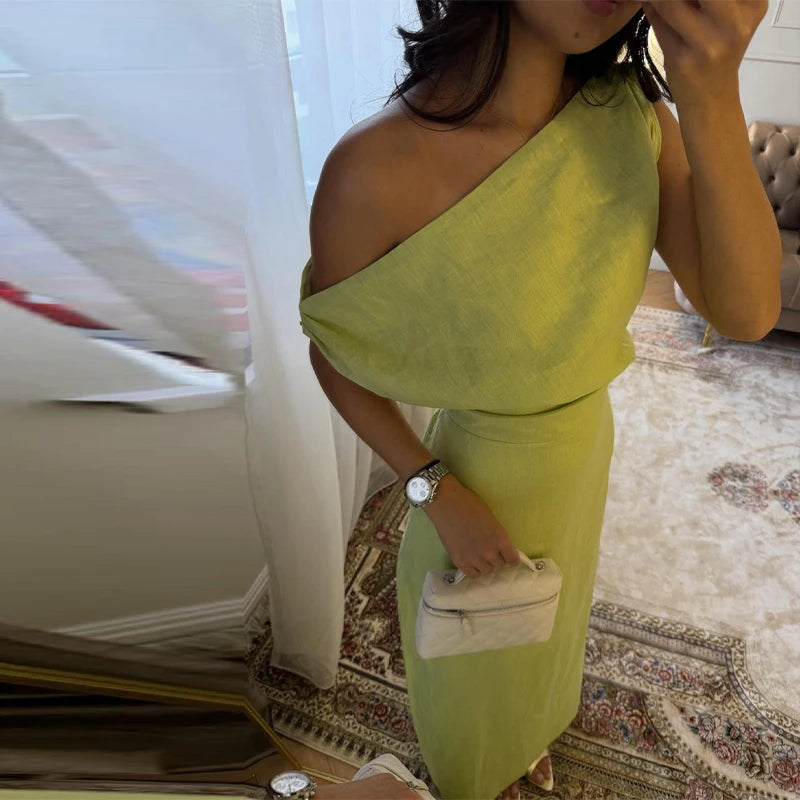 Elegant One Shoulder Solid Dress Women's Waist-cinching Side Split Ankle-length Dresses 2026 Summer New Lady Casual Cozy Robes