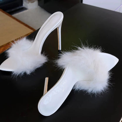 Chinelos de Mulher Rosa Fluffy Flufft 12cm Salto Alto de Pelo Festa Noite Aniversário Sandálias Sexy Bico Fino Sapatos Slingback para Senhoras
