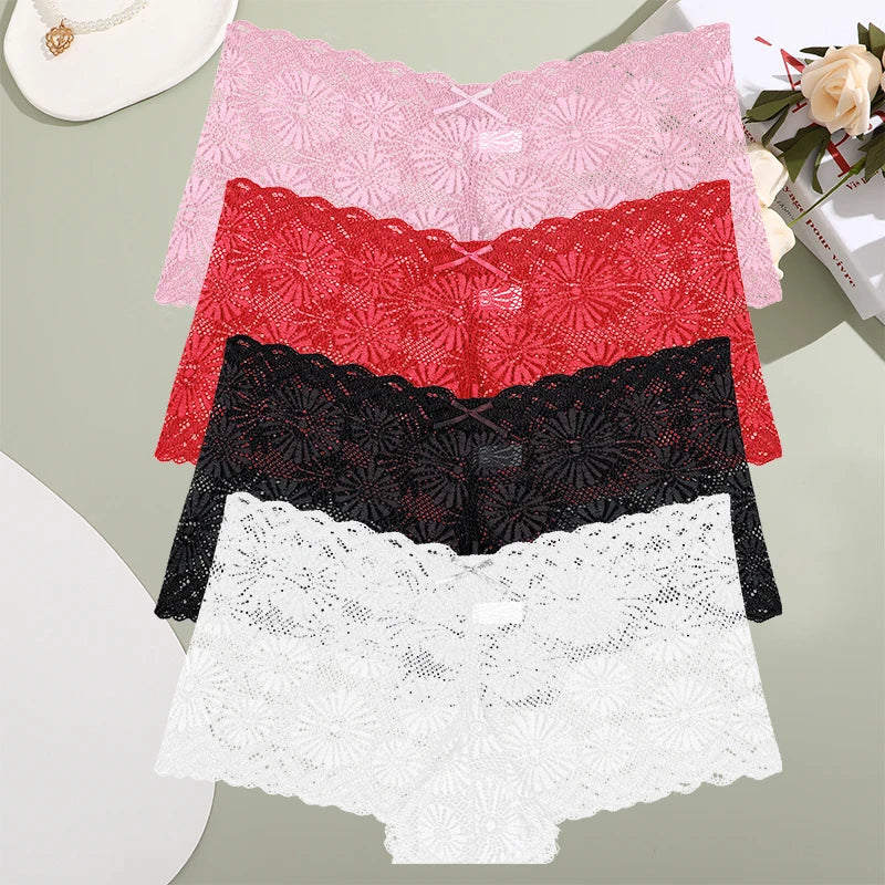 4pcs Sexy Lace Transparent Pantie Women Hollow  Boxers Low Waist Soft Lingerie Soft Comfortable Intimates Panties Sexy Sleepwear