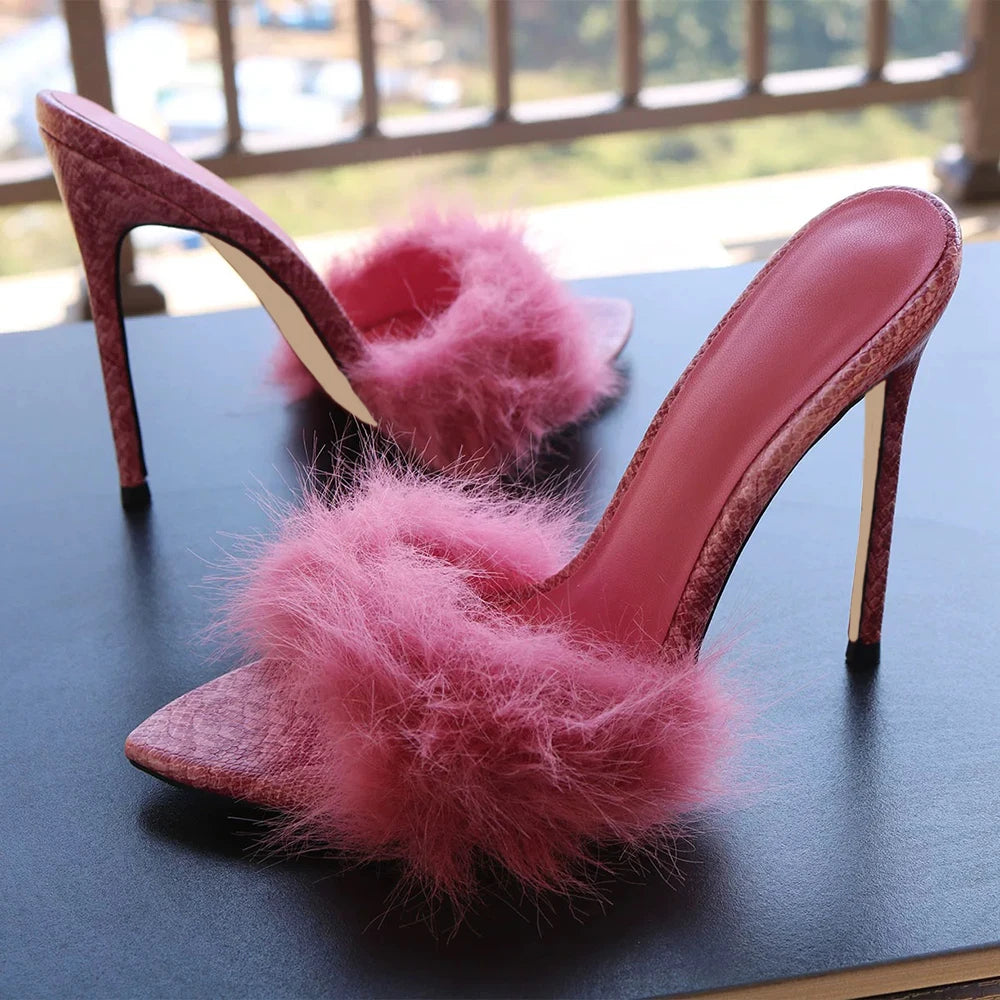 Chinelos de Mulher Rosa Fluffy Flufft 12cm Salto Alto de Pelo Festa Noite Aniversário Sandálias Sexy Bico Fino Sapatos Slingback para Senhoras