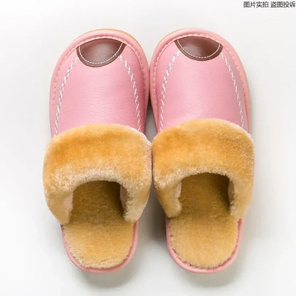 Men Slippers Black New Winter PU Leather Slippers Warm Indoor Slipper Waterproof Home House Shoes Men Warm Leather Slippers