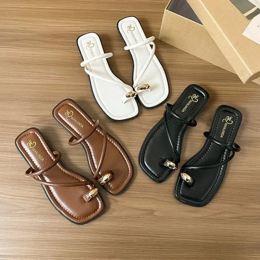 Women Summer Slippers Ladies Sandals Metal Decor Thong Flip Flop Low Heel Shoes Woman Outdoor Retro Brown Sandals Female