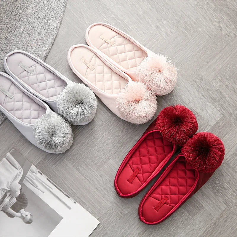 Women Home Slippers Indoor Winter Slippers Flat Silk  Adult Ladies Soft Slipper House Mules