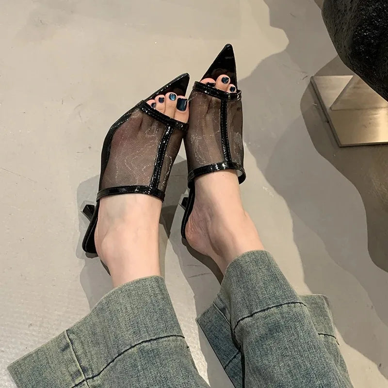 2025Transparent Silk Gauze Mule Slides Woman Bling Lace Mesh Pointed Toe High Heel Slipper   Evening Party Pump Shoes