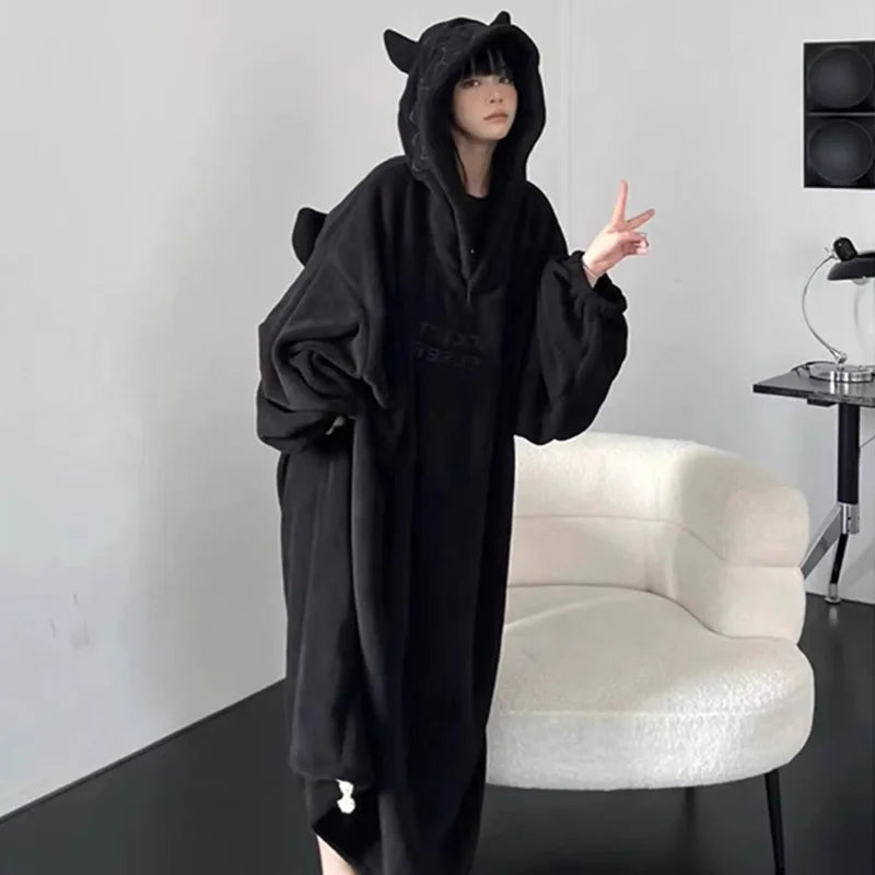 Pijama acolchoado espesso Cor sólida Roupa de casa Vestidos largos com capuz Robe de casal Imp Peça única de dormir Outono e inverno