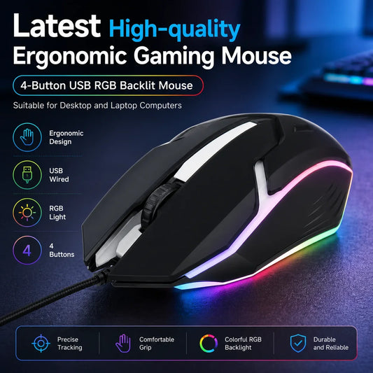 Latest High-quality Ergonomic Gaming Mouse, Suitable for Desktop and Laptop Computers, 4-button USB RGB Backlit Mouse