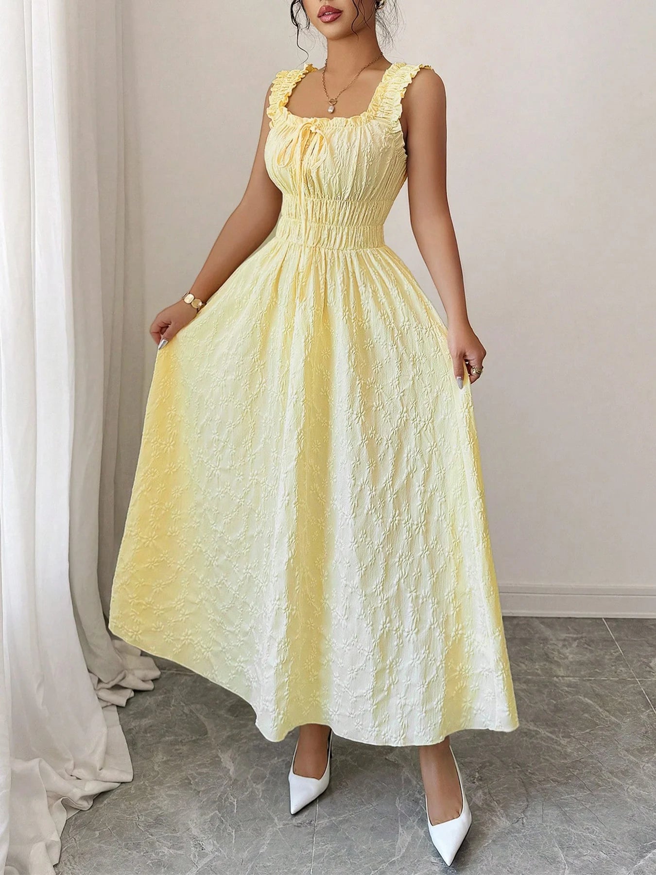 [Vacation Essential] Yellow Smocked Midi Dress, Chic Beach Party Date Night Dress